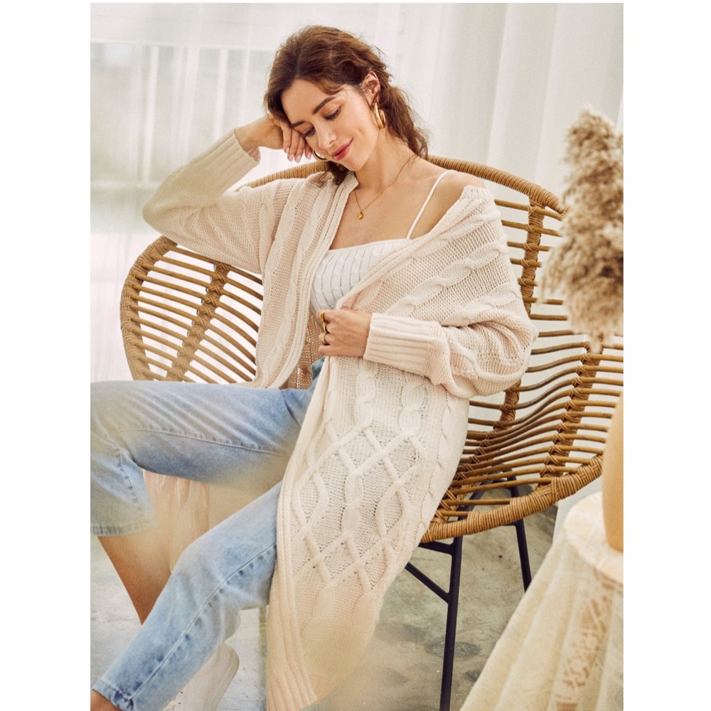 Long Cable Knit Open Cardigan - Picture 4 of 11